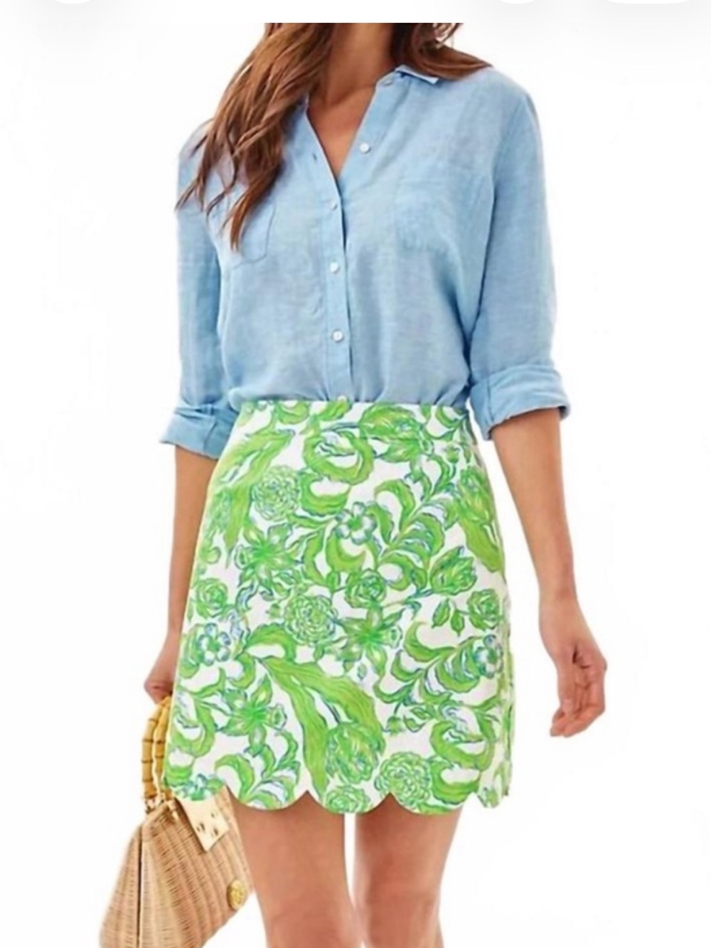 Lilly Pulitzer Green & White Floral Scallop Hem Mini Skirt. Size 10